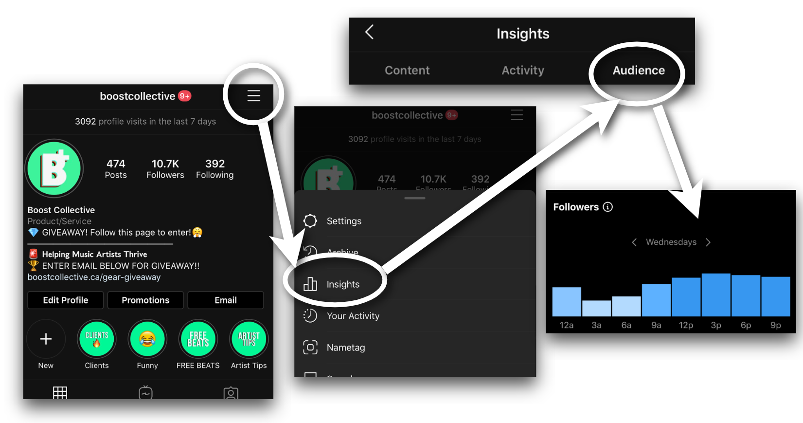 Step-by-Step instructions on seeing what time of day your followers are online