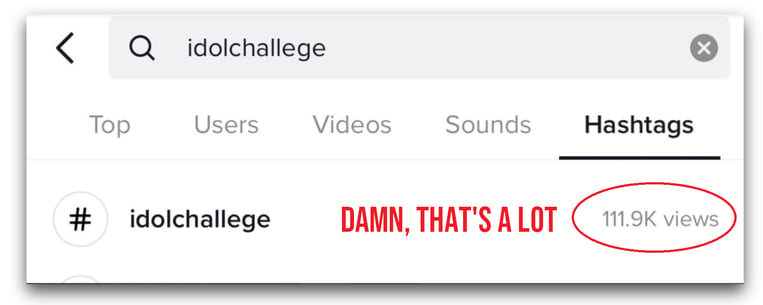 Image of a screenshot of the idol challenge hashtag on Tiktok